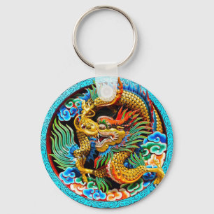 Cool chinese colourful dragon lotus flower art key ring