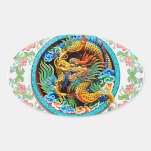 Cool chinese colourful dragon lotus flower art oval sticker