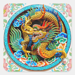 Cool chinese colourful dragon lotus flower art square sticker