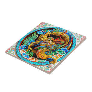 Cool chinese colourful dragon lotus flower art tile