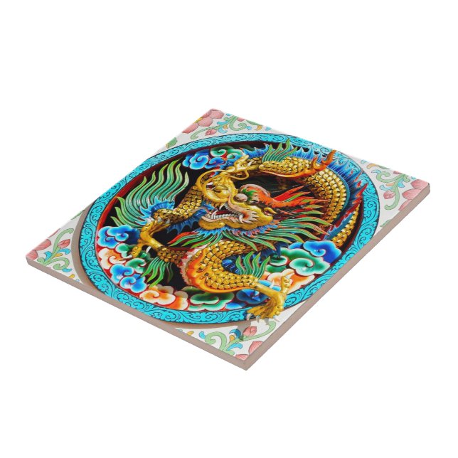 Cool chinese colourful dragon lotus flower art tile (Side)