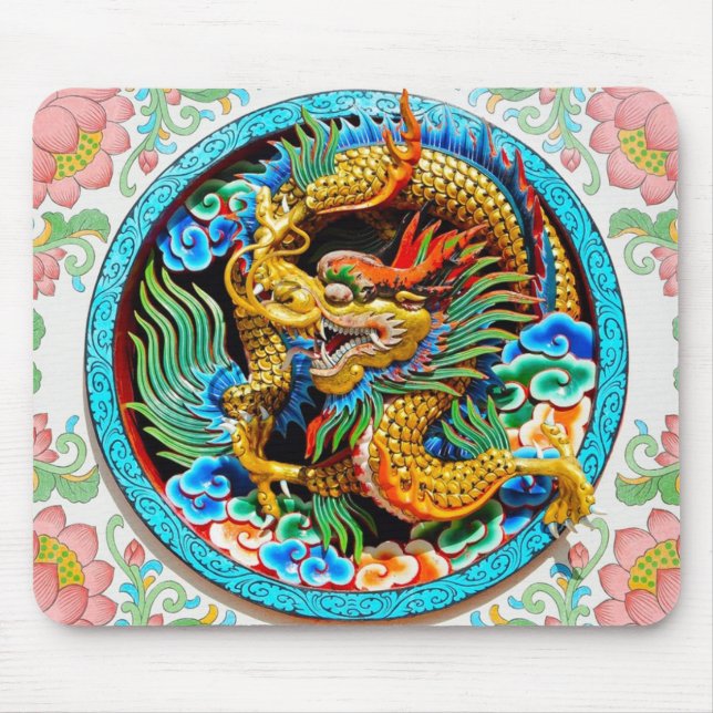 Cool chinese colourful dragon paint lotus flower mouse mat (Front)