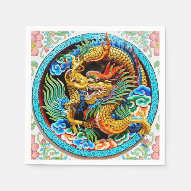 Cool chinese colourful dragon paint lotus flower napkin (Front)