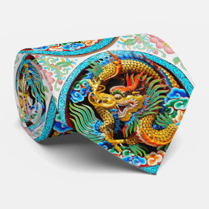 Cool chinese colourful dragon paint lotus flower tie