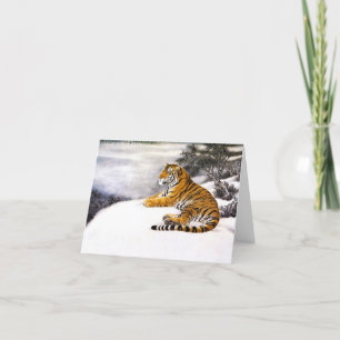 Cool chinese fluffy tiger rest snow cliff winter card