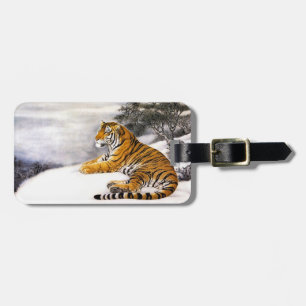 Cool chinese fluffy tiger rest snow cliff winter luggage tag