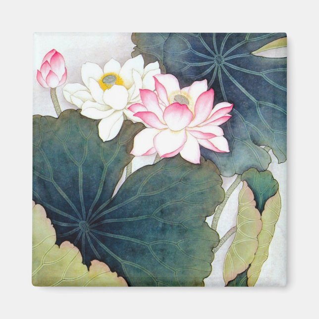 cool chinese lotus leaf pink flower butterfly art magnet (Front)