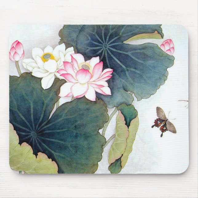 cool chinese lotus leaf pink flower butterfly art mouse mat (Front)