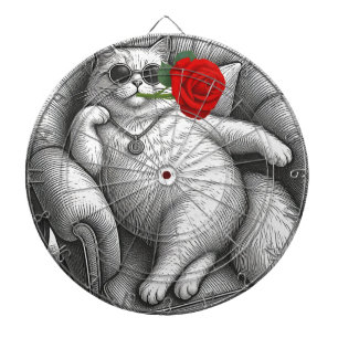 Cool Chonky Cat with Red Rose Vintage Sketch Art Dartboard