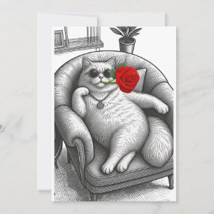 Cool Chonky Cat with Red Rose Vintage Sketch Art Thank You Card