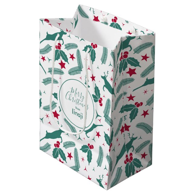 Cool Christmas deers & holly Pattern Medium Gift Bag (Front Angled)