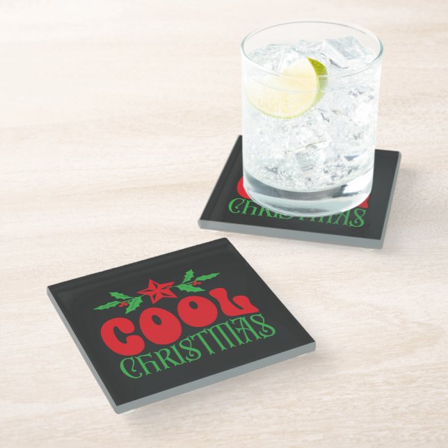Cool Christmas – Festive Retro Glass Coaster (Angled)