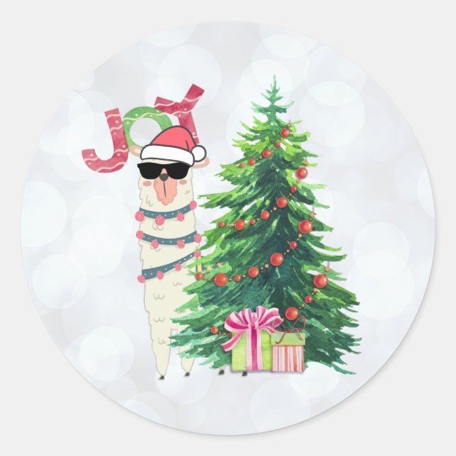 Cool Christmas Llama | Joy Typography | Bokeh Back Classic Round Sticker (Front)