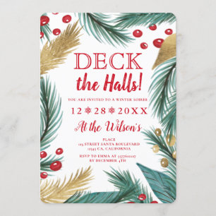 Cool Christmas pine mistletoe gold deck the halls Invitation