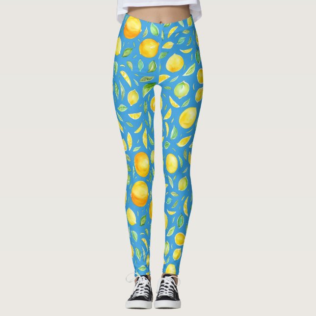Cool Citrus Yellow Turquoise Watercolor Pattern Leggings (Front)