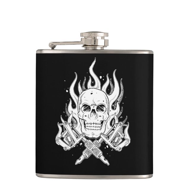 Cool classic black white tattoo skull flame tool hip flask (Front)
