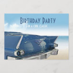 Cool Classic Car 60th Birthday Party Invitation<br><div class="desc">Classic Car in blue with sky and surf background scene. This Sixtieth Birthday vintage auto card says Birthday Party for a Cool Classic. Back of card has racing car chequered banner with flags. Customise the Name and the text below that says " is turning 60" if you want a different...</div>