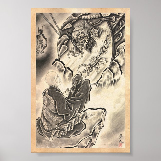 Cool classic vintage japanese demon monk tattoo poster (Front)