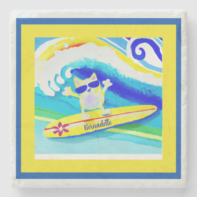 Cool Coastal Beach Vibes Surfer Cat Name  Stone Coaster (Front)