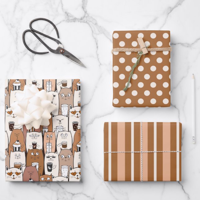 Cool Coffee Cats Wrapping Paper Set of 3 (Front)