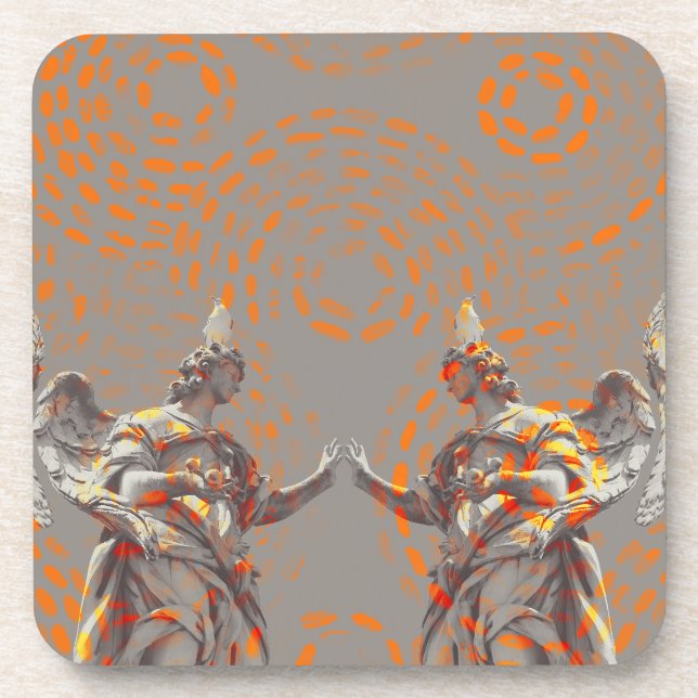 Cool collage of sculptures and orange circles coaster (Front)