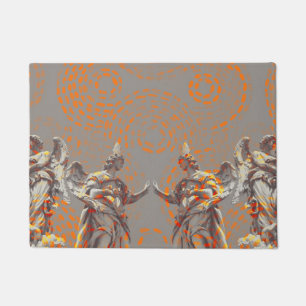 Cool collage of sculptures and orange circles doormat