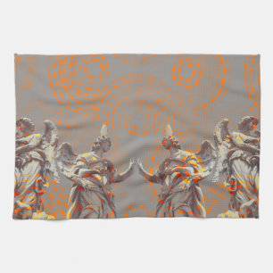 Cool collage of sculptures and orange circles tea towel