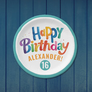 Cool Colourful Birthday Party Teal Brush Typo Paper Plate