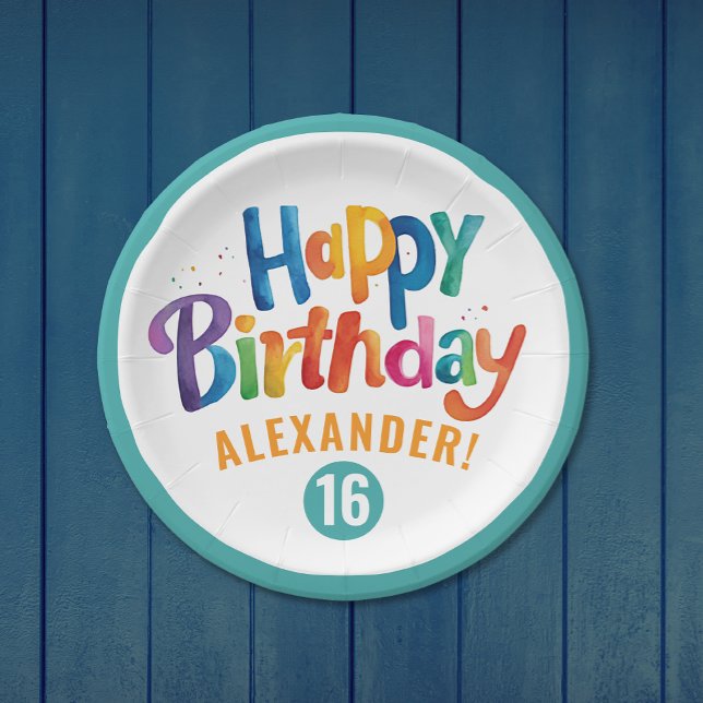 Cool Colourful Birthday Party Teal Brush Typo Paper Plate (Creator Uploaded)