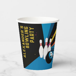 Cool Colourful Blue Bowling Birthday Party Name Paper Cups