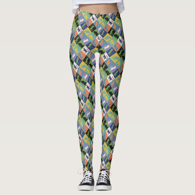 Cool Colourful Cat Silhouettes in Quilt Squares Leggings (Front)