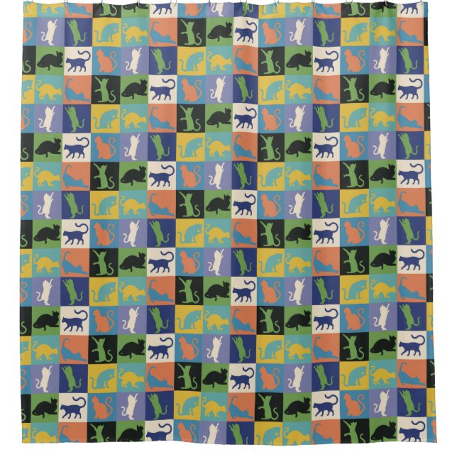 Cool Colourful Cat Silhouettes in Quilt Squares Shower Curtain (Front)