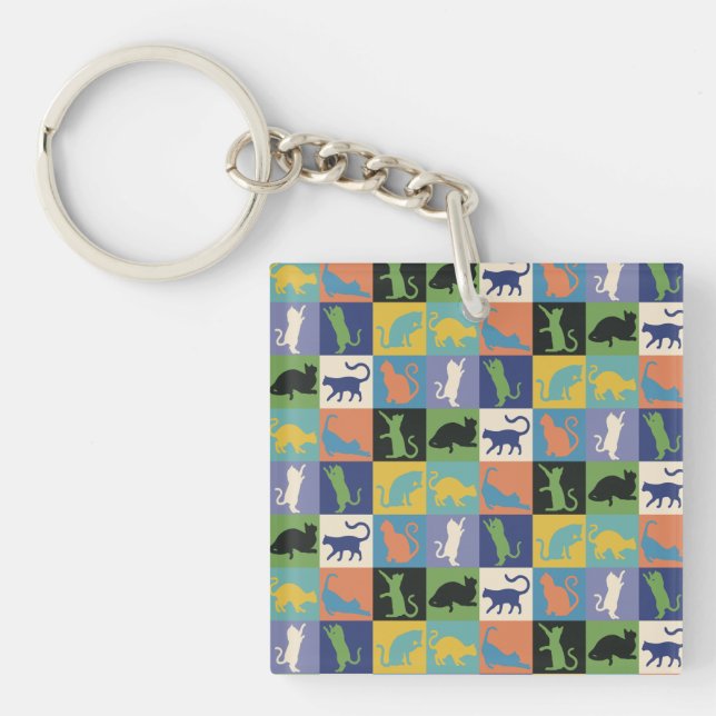 Cool Colourful Cats in Quilt Squares Key Ring (Front)