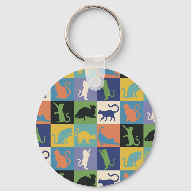 Cool Colourful Cats in Quilt Squares Key Ring (Front)
