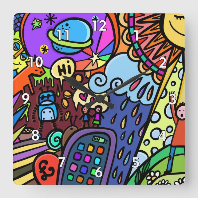 Cool & Colourful Comic Graffiti Square Wall Clock (Front)
