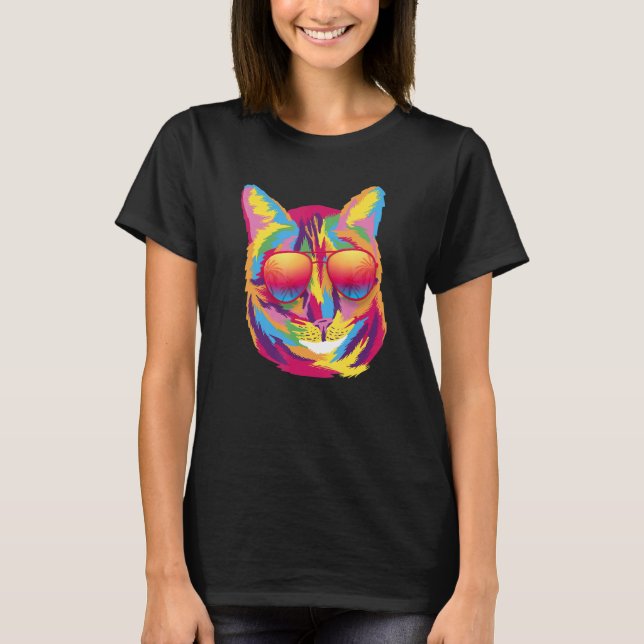 Cool Colourful Cute Cat Sunglasses Tropical Palm T T-Shirt (Front)