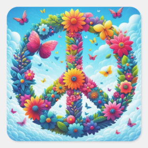 Cool & Colourful Floral Peace Sign with Butterfly Square Sticker