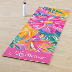 Cool Colourful Floral Script Name Tropical Yoga Mat