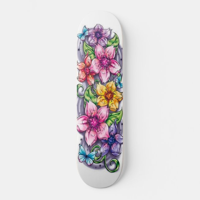 Cool Colourful Flowers Butterfly Deck Skateboard (Front)