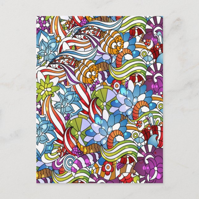 Cool colourful flowers leaves swirls wheels dots postcard (Front)