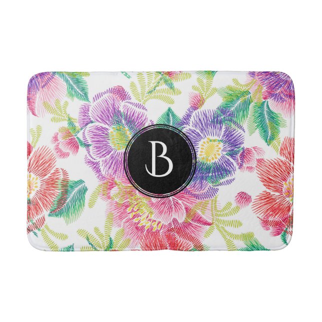 Cool Colourful Flowers Pattern Monogram Bath Mat (Front)