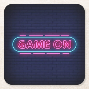 Cool & Colourful Game On Simulated Neon Sign Square Paper Coaster
