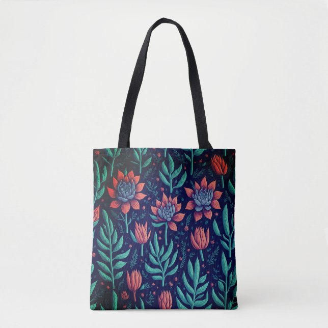 Cool Colourful Green Succulents Red Floral Pattern Tote Bag (Front)