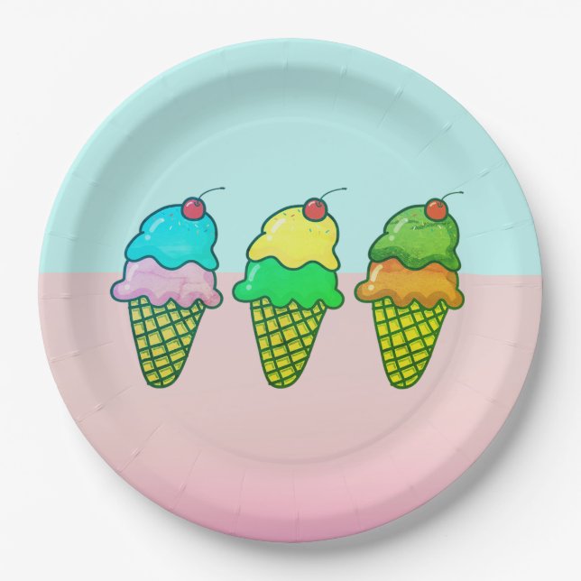 Cool Colourful Ice Cream Cones - Personalised Paper Plate (Front)