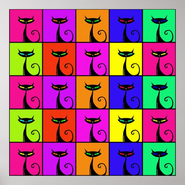 Cool Colourful Kitty Cat Pop Art Squares Poster (Front)