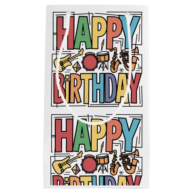 Cool Colourful Musical Instruments Happy Birthday Small Gift Bag (Front)