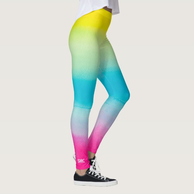 Cool Colourful Ombre Watercolor Pink Blue Monogram Leggings (Right)