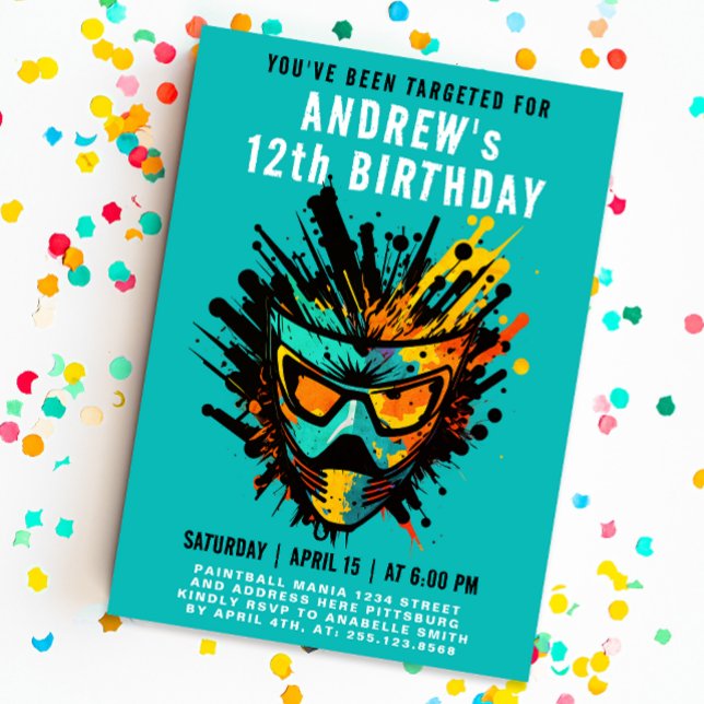 Cool Colourful Paintball Splatter Turquoise Teen Invitation (Creator Uploaded)