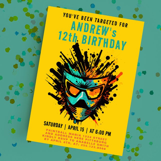 Cool Colourful Paintball Splatter Yellow Party Invitation (Creator Uploaded)
