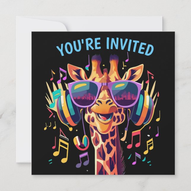Cool Colourful Party Giraffe with Headphones  Invitation (Front)